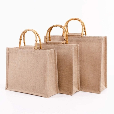 กระเป๋าช้อปปิ้งปอกระสอบแบบพกพาห่วงไม้ไผ่จับนำกลับมาใช้ใหม่ Tote Grocery กระเป๋าสำหรับผู้หญิง